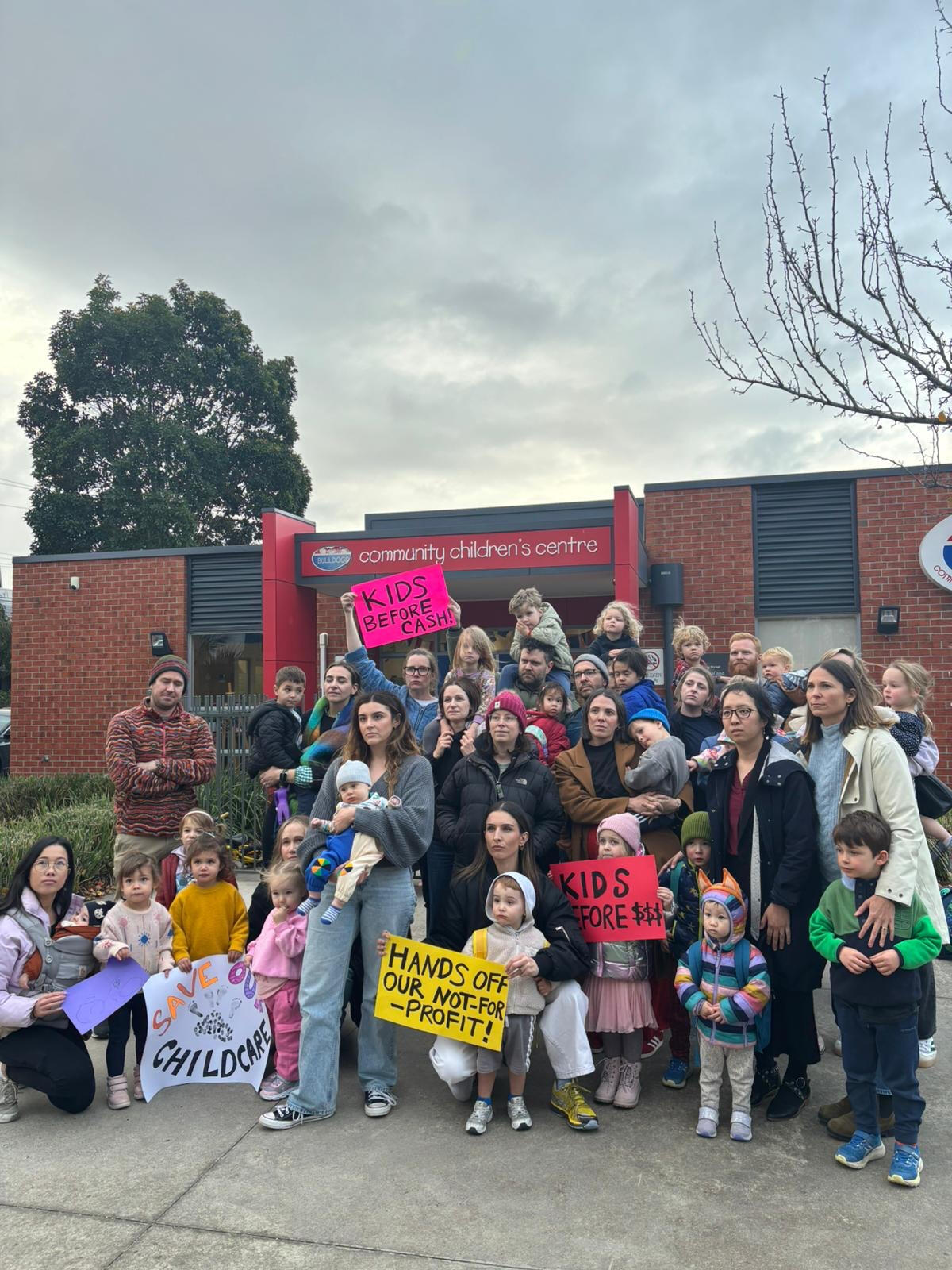 Protest outside Western Bulldogs childcare centre in Maribyrnong